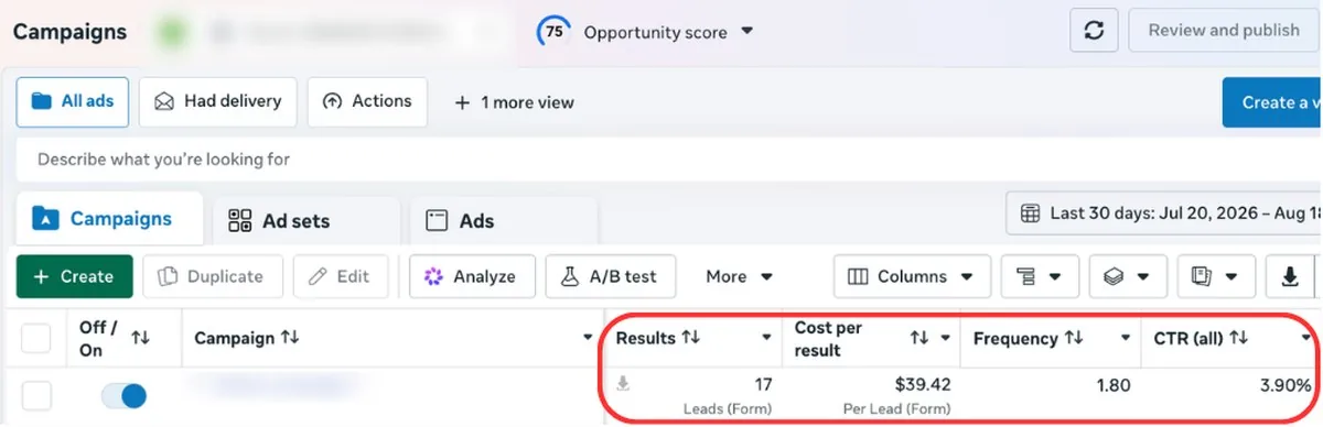 Ads Manager, 17 leads at $39.42