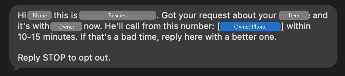 Confirmation text the lead gets on submit