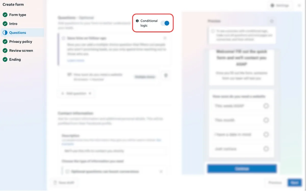 Instant form builder, conditional logic on